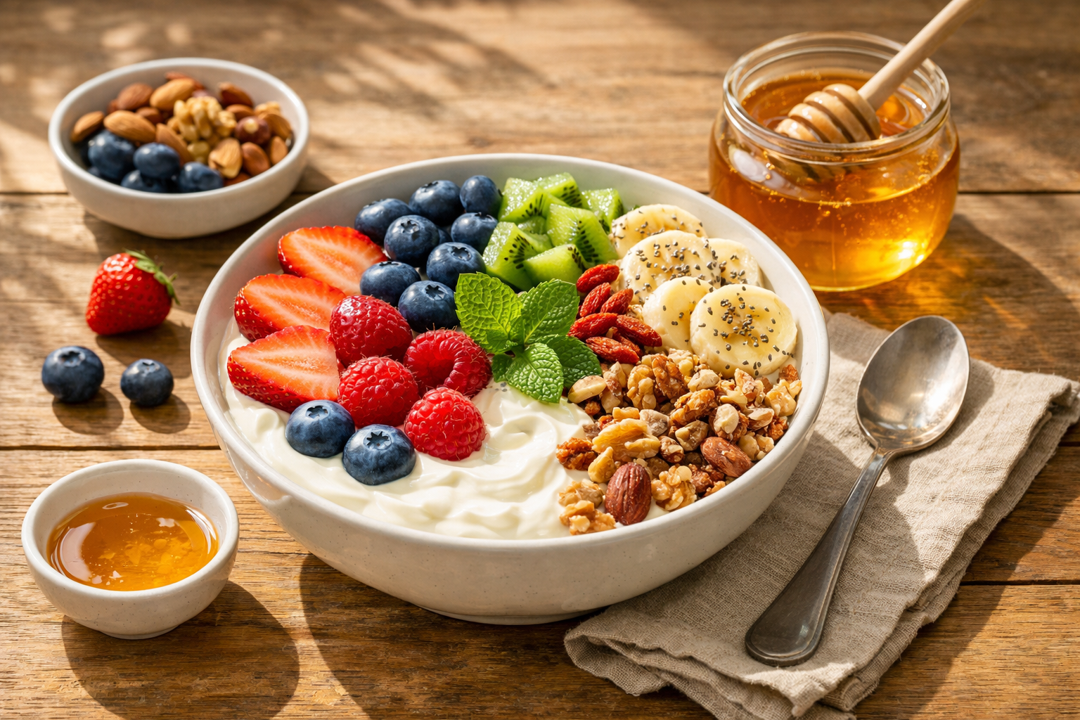 Fresh healthy breakfast bowl with colorful berries, nuts, yogurt and honey on a clean wooden table in natural morning light