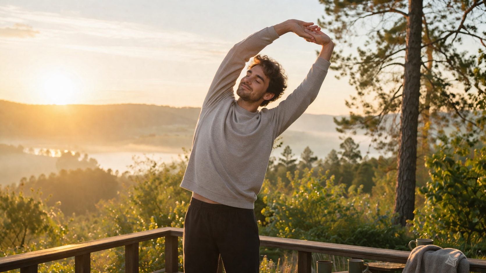 Mandoing gentle morning stretches outdoors in a peaceful natural setting with soft golden sunlight